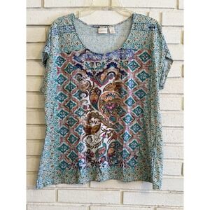 Chicos 3 Womens‎ Size XL Pretty Blue Design shirt Pull Over Top Short Sleeve